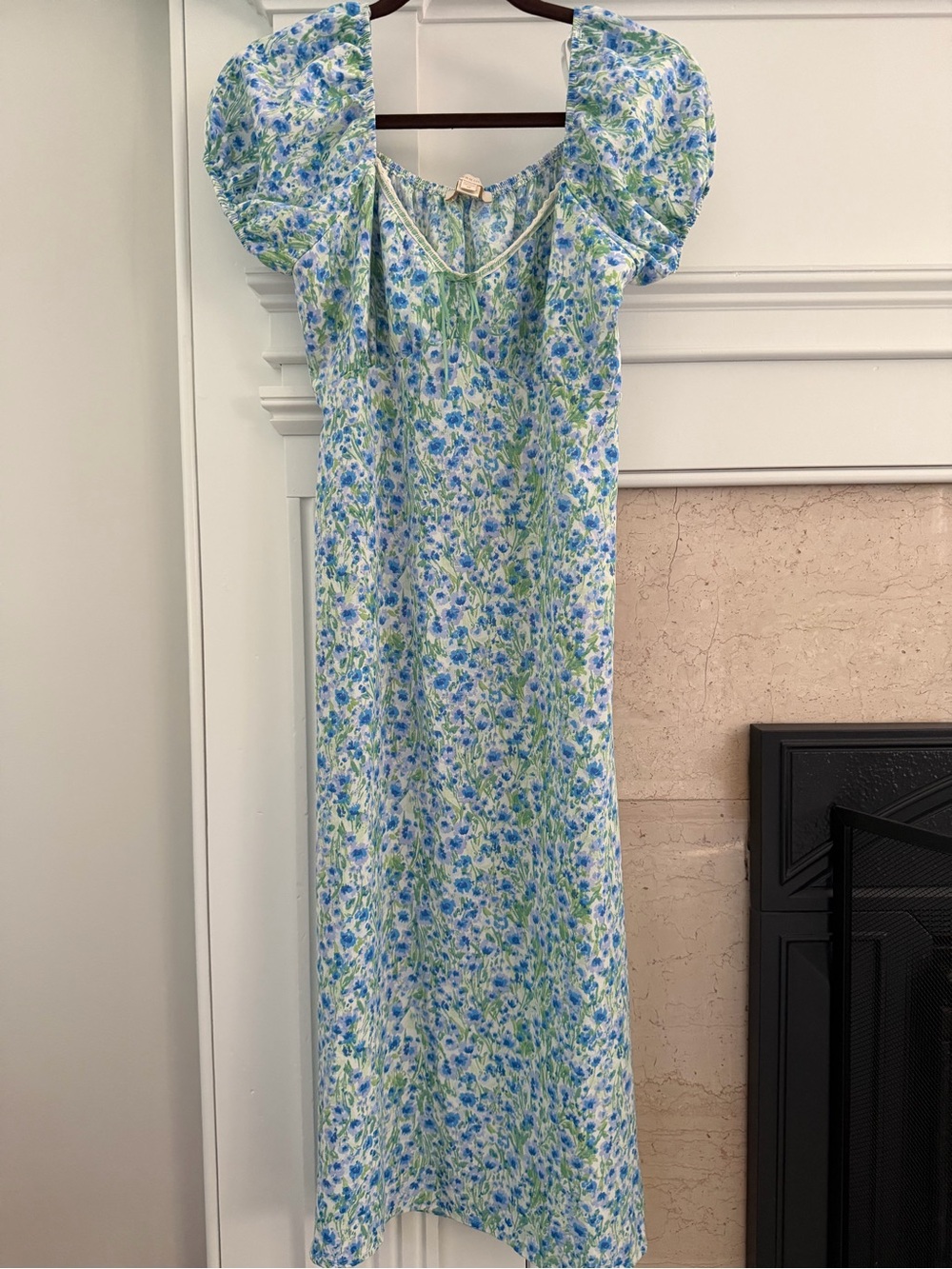 Nouveau Luxe Blue & Green Floral Puff Sleeve Cottagecore Midi Dress size M